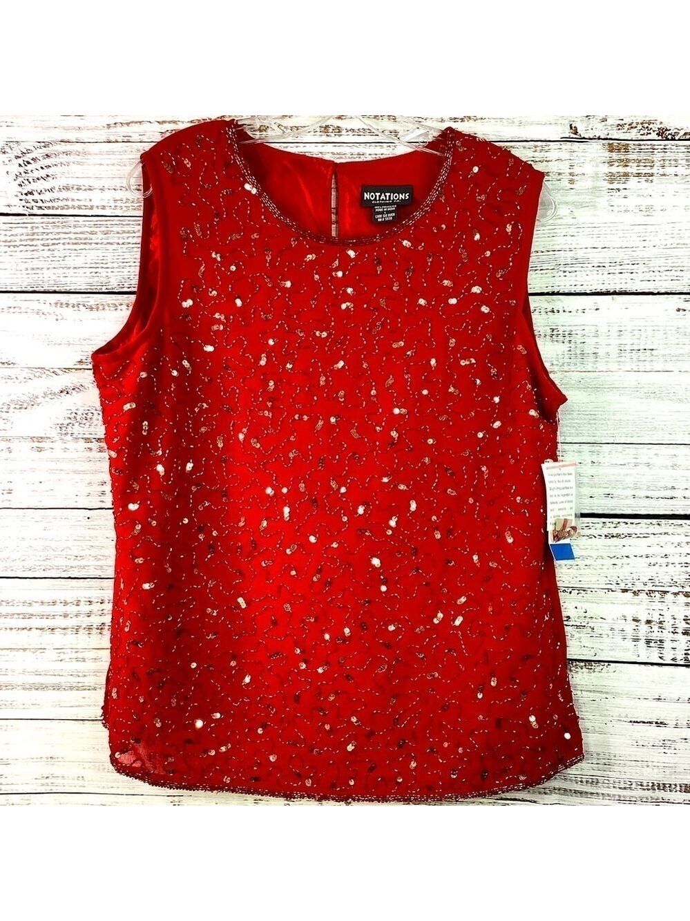 NOTATIONS SIZE L RED TOP EMBELLISHED SEQUINS BEADS BLOUSE VALENTINES DAY‎ NWT